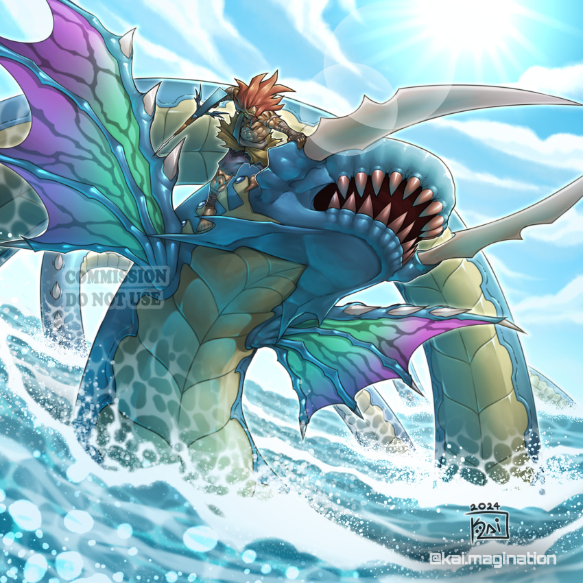 1boy, absurdres, bandaged_arm, bandages, clear_sky, duel_monster, gun, harpoon