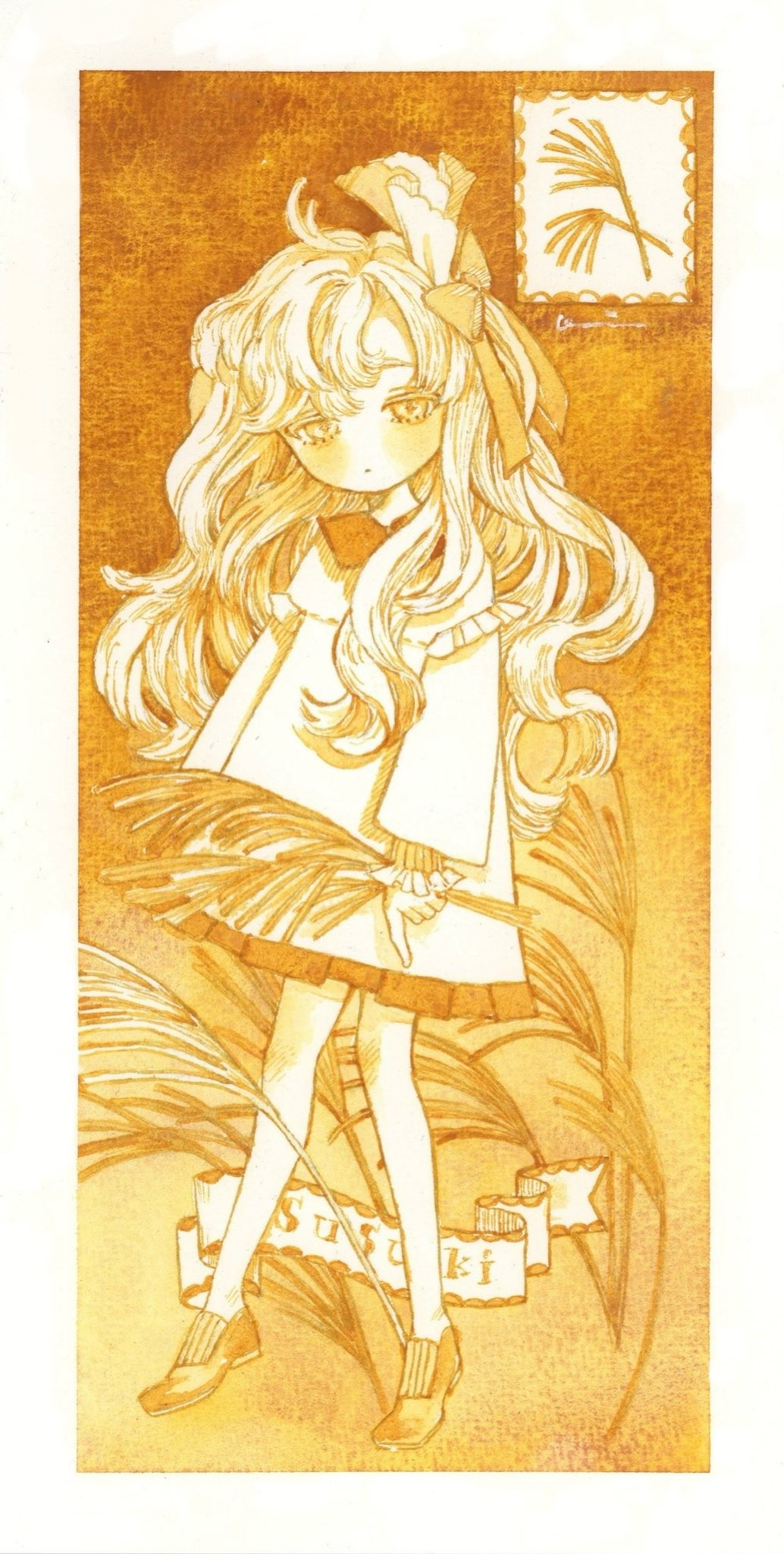 1girl, acrylic_paint_(medium), ahoge, border, bow, closed_mouth, commentary_request, dress