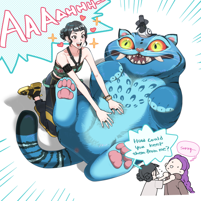 :d, belly_rub, blue_fur, blush, cat, clothes_grab, derpy_(kpop_demon_hunters), gracepago0314