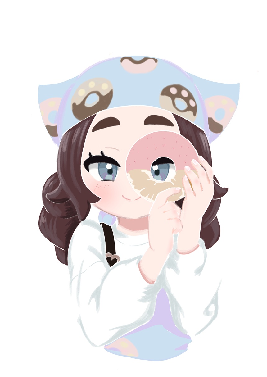 1girl, ansha_(pokemon), apron, brown_hair, closed_mouth, commentary_request, cropped_torso, donut