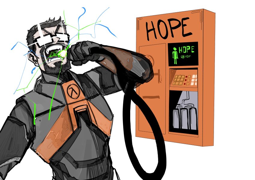 1boy, absurdres, black-framed_eyewear, black_hair, commentary, duendezoid, english_commentary, english_text, facial_hair, glasses, goatee, gordon_freeman, half-life, half-life_(series), half-life_1, half-life_hopium_(meme), hev_suit, highres, lambda_symbol, male_focus, meme, opaque_glasses, open_mouth, short_hair, simple_background, solo, upper_body, v-shaped_eyebrows, white_background