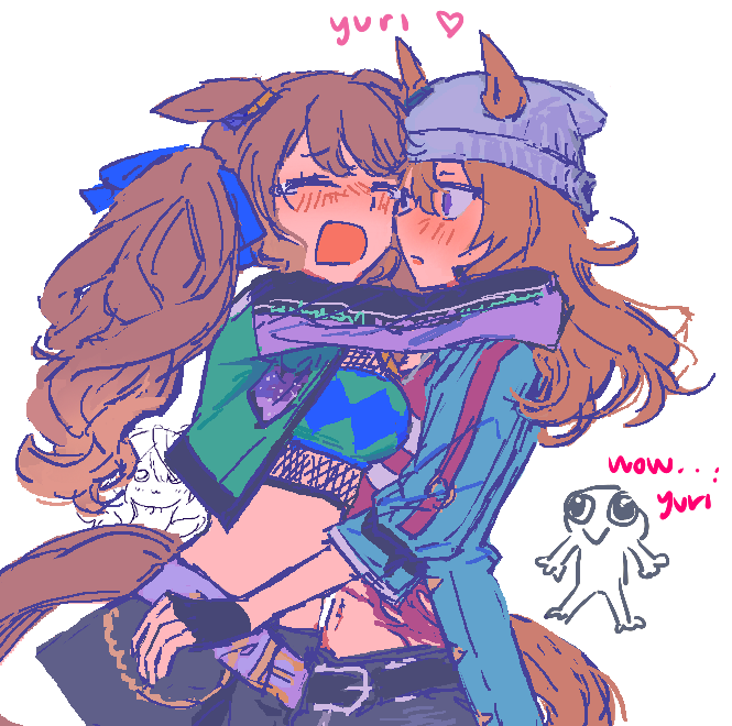 2girls, aqua_jacket, aqua_shirt, argyle_clothes, argyle_shirt, arms_around_neck, baryumejuya, beanie