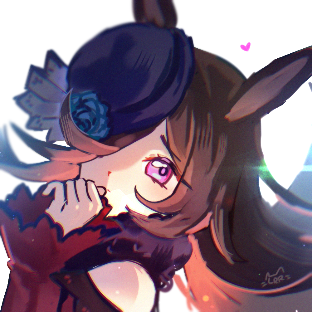 1girl, animal_ears, bare_shoulders, blue_flower, blue_hat, blue_rose, brown_hair, closed_mouth, commentary, floating_hair, flower, hair_over_one_eye, hand_up, hat, hat_flower, heart, horse_ears, legitrebelrose, long_hair, long_sleeves, looking_at_viewer, purple_eyes, rice_shower_(rosy_dreams)_(umamusume), rice_shower_(umamusume), rose, signature, simple_background, sleeves_past_wrists, solo, tilted_headwear, umamusume, very_long_hair, white_background