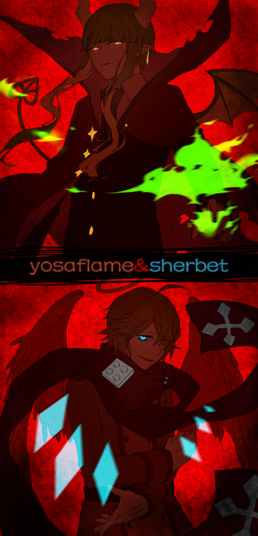 2boys, absurdres, angel, angel_wings, blonde_hair, commentary, demon_boy, demon_horns