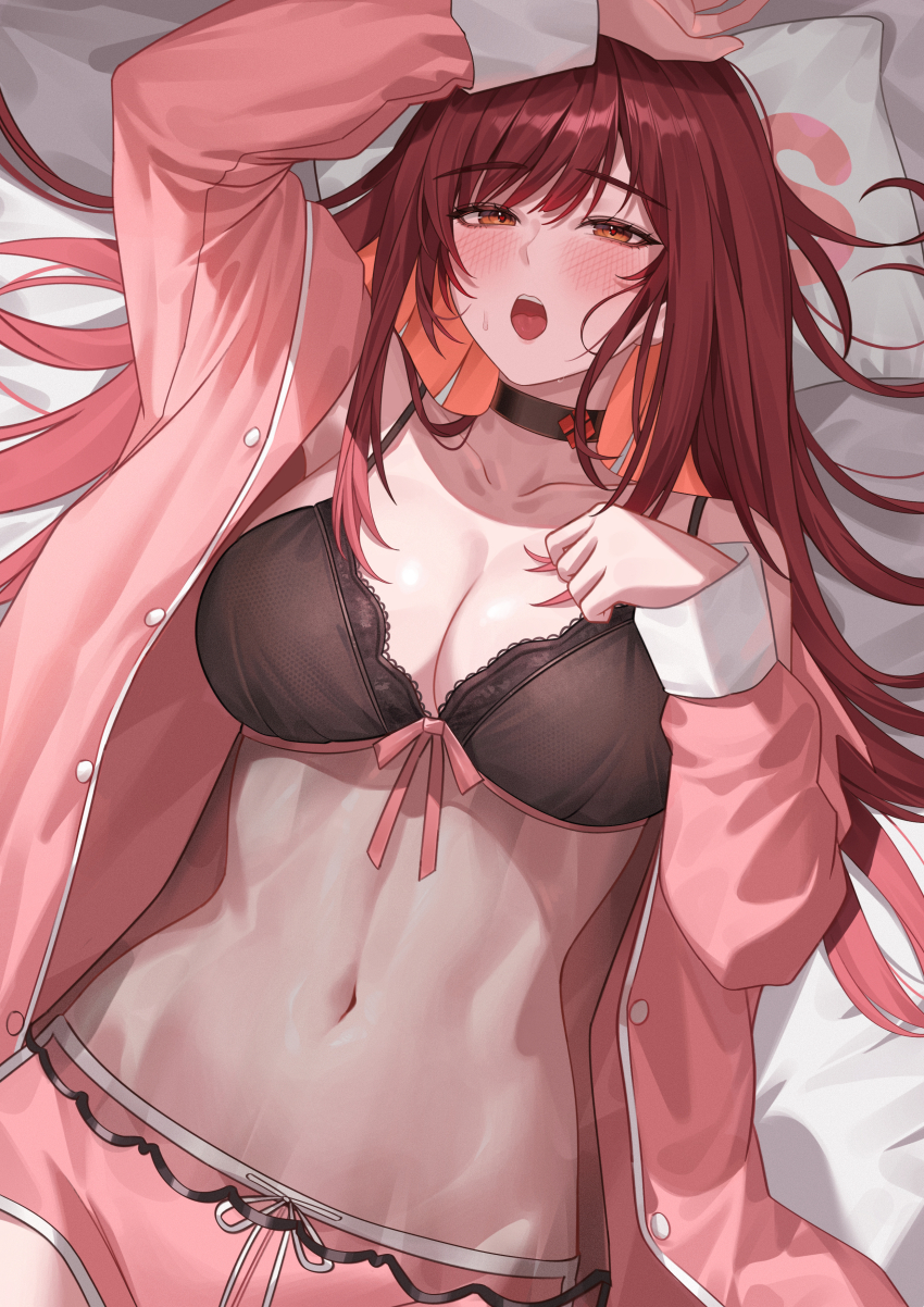 1girl, absurdres, black_bra, black_choker, bra, breasts, brown_eyes, choker