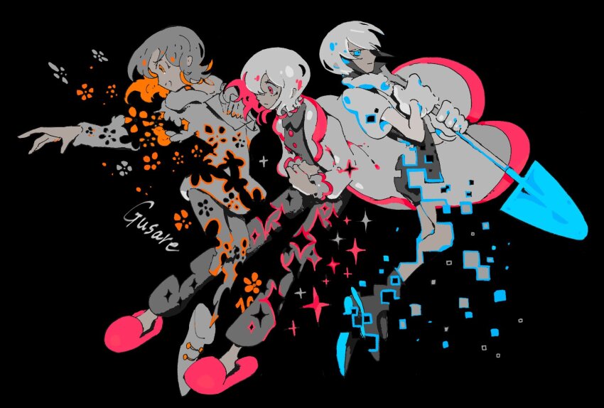 1other, 2girls, ankle_boots, aozukikawasemi, black_background, black_boots, black_hair, blue_eyes