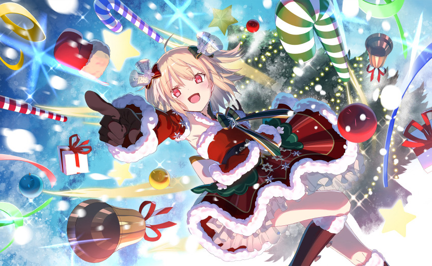 1girl, armpits, artist_request, attack, ayano_rika, ayano_rika_(christmas_ver.), back_bow, bare_shoulders