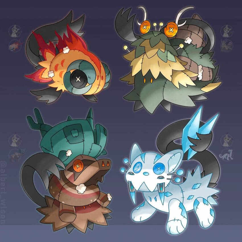 albrt-wlson, buttons, chi-yu_(pokemon), chi-yu_(pokemon)_(cosplay), chien-pao, chien-pao_(cosplay), commentary, cosplay, english_commentary, full_body, gen_7_pokemon, highres, instagram_username, mimikyu, nintendo, no_humans, official_art_inset, pokemon, pokemon_(creature), pokemon_focus, sewing_pin, solid_oval_eyes, stitches, stuffing, ting-lu_(cosplay), ting-lu, wo-chien, wo-chien_(cosplay)