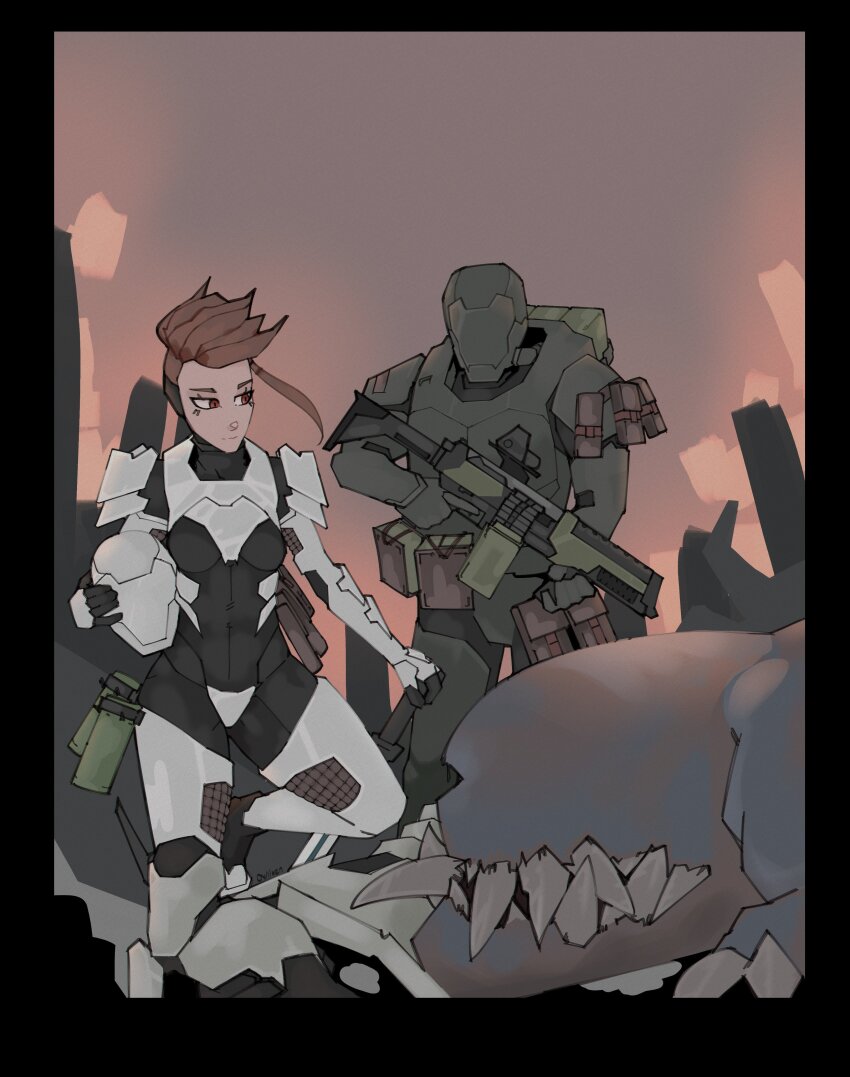 1boy, 1girl, absurdres, armor, asymmetrical_hair, backpack, bag, black_border