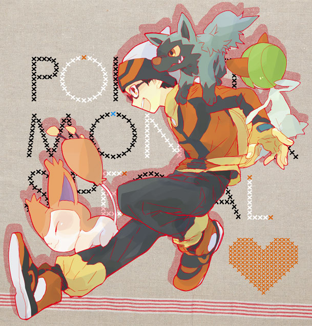 1boy, bad_id, bad_pixiv_id, bag, black_hair, brendan_(pokemon), cat, copyright_name