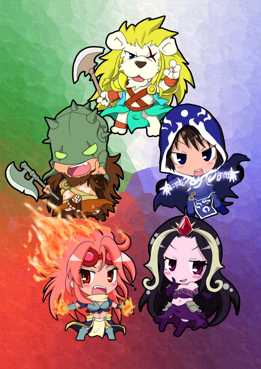 2boys, 2girls, absurdres, ajani_goldmane, animification, chandra_nalaar, chibi, garruk_wildspeaker