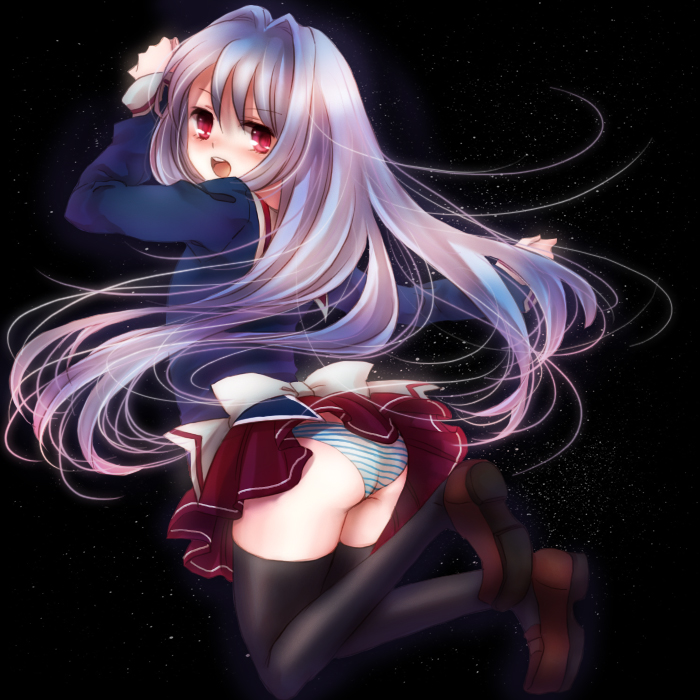 10s, 1girl, ass, bad_id, bad_pixiv_id, black_thighhighs, blue_hair, cube_x_cursed_x_curious, fear_kubrick, female_focus, long_hair, looking_back, open_mouth, panties, pantyshot, red_eyes, red_hair, school_uniform, shino_(syllable), solo, standing, striped_clothes, striped_panties, syllable, thighhighs, underwear, very_long_hair
