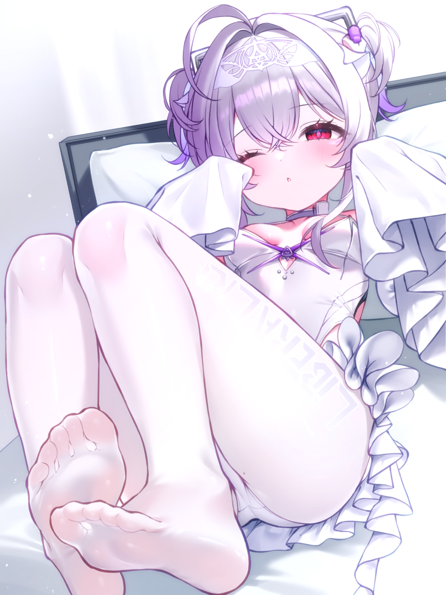 1girl, ahoge, bed, blush, collar, detached_sleeves, feet, frills