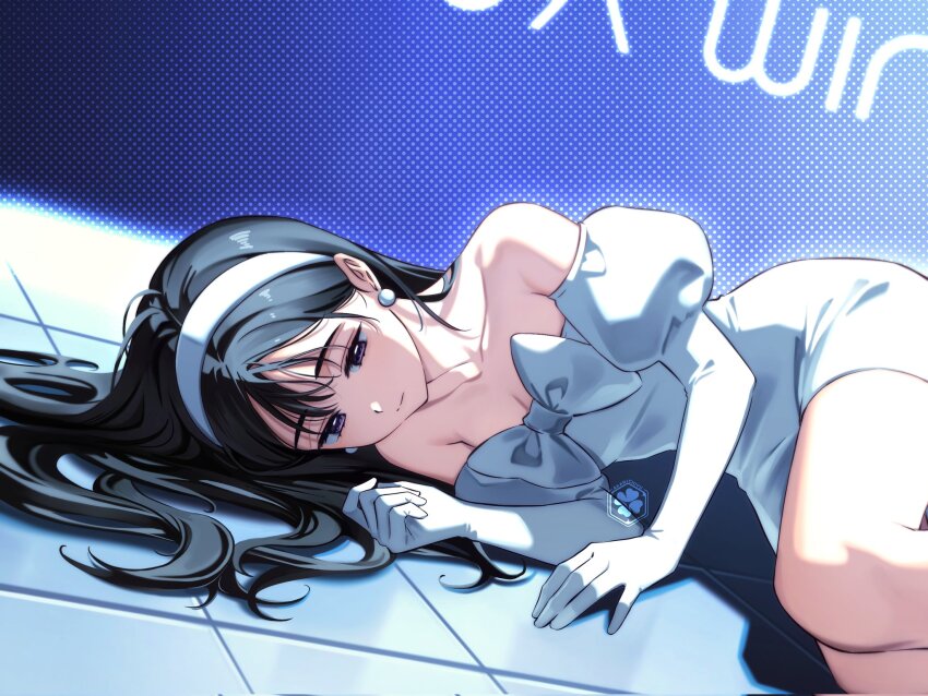 1girl, akanichiyu, alien_stage, black_hair, blue_background, bow, detached_sleeves, dress