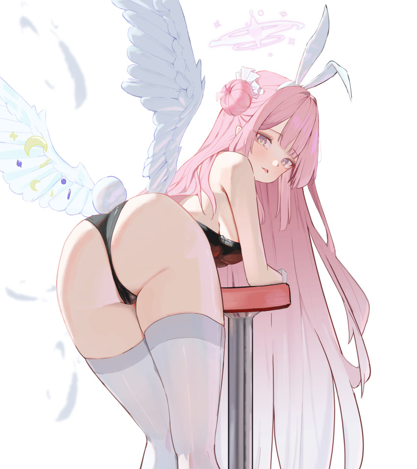 1girl, alternate_costume, animal_ears, ass, banpen, bare_shoulders, bent_over, black_leotard