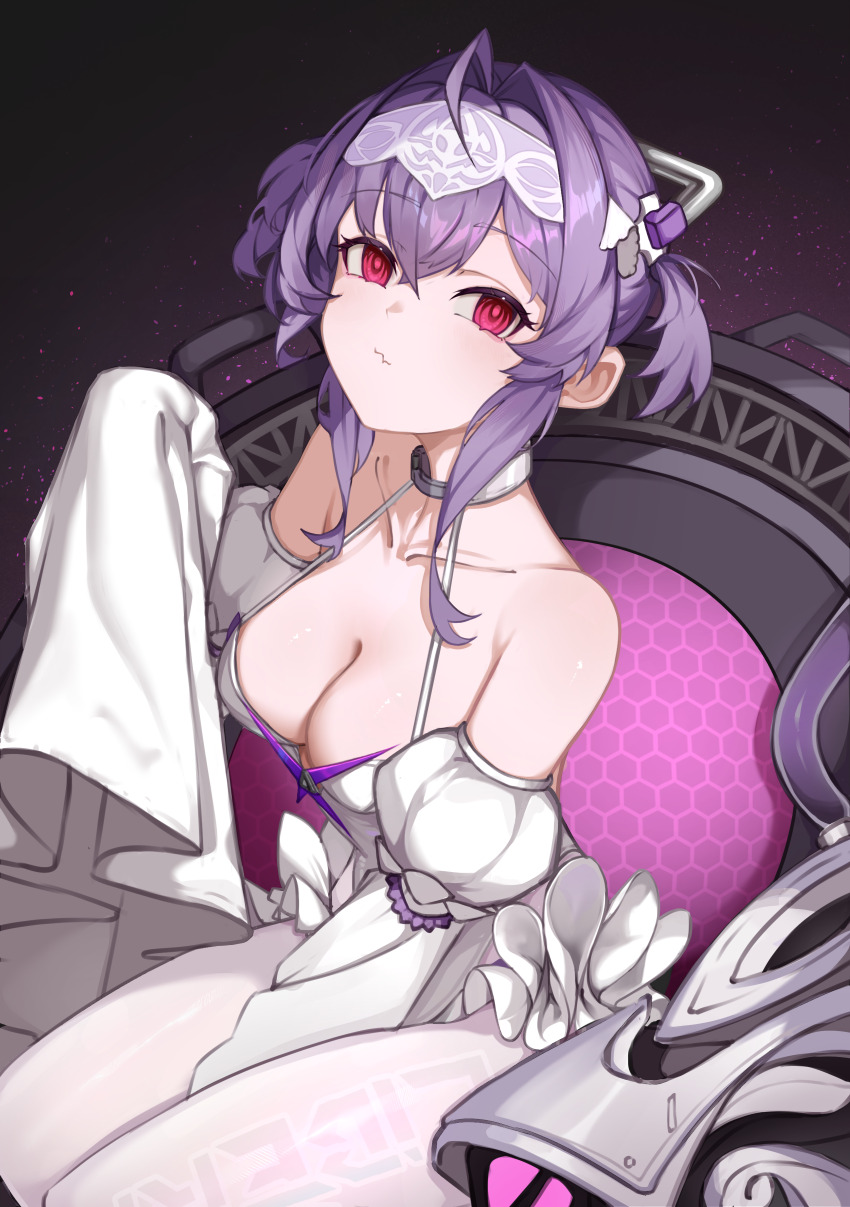 1girl, absurdres, ahoge, between_legs, breasts, cleavage, collar, collarbone, detached_sleeves, frills, from_above, goddess_of_victory:_nikke, hair_between_eyes, hair_intakes, hairband, hand_between_legs, hand_up, headgear, highres, leotard, liberalio_(nikke), locria_(lingyuzhisi), looking_at_viewer, pantyhose, purple_hair, red_eyes, short_hair_with_long_locks, sitting, sleeves_past_fingers, sleeves_past_wrists, solo, white_collar, white_leotard, white_pantyhose, white_sleeves