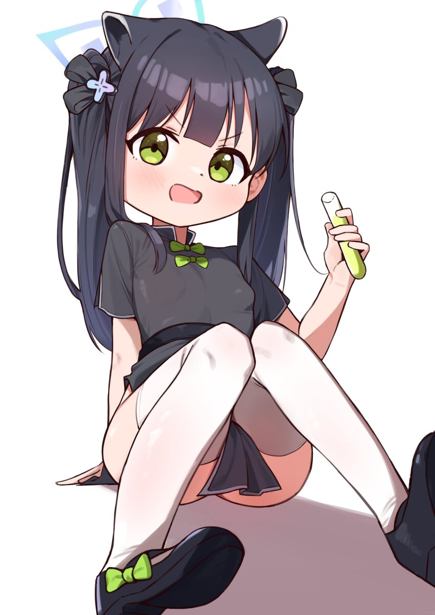 1girl, absurdres, animal_ears, beaker, black_dress, black_hair, blue_archive, blue_halo, bow, bow_shoes, bowtie, breasts, dress, green_bow, green_bowtie, green_eyes, green_liquid, halo, highres, led_winter, liquid, open_mouth, shadow, shoes, shun_(blue_archive), shun_(small)_(blue_archive), small_breasts, solo, thighhighs, white_background, white_thighhighs