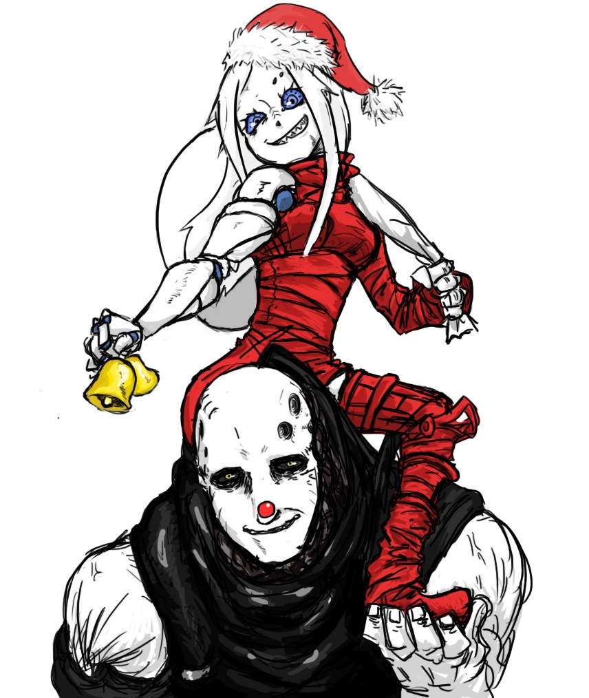 1boy, 1girl, android, bell, blame!, blue_sclera, christmas, colored_sclera