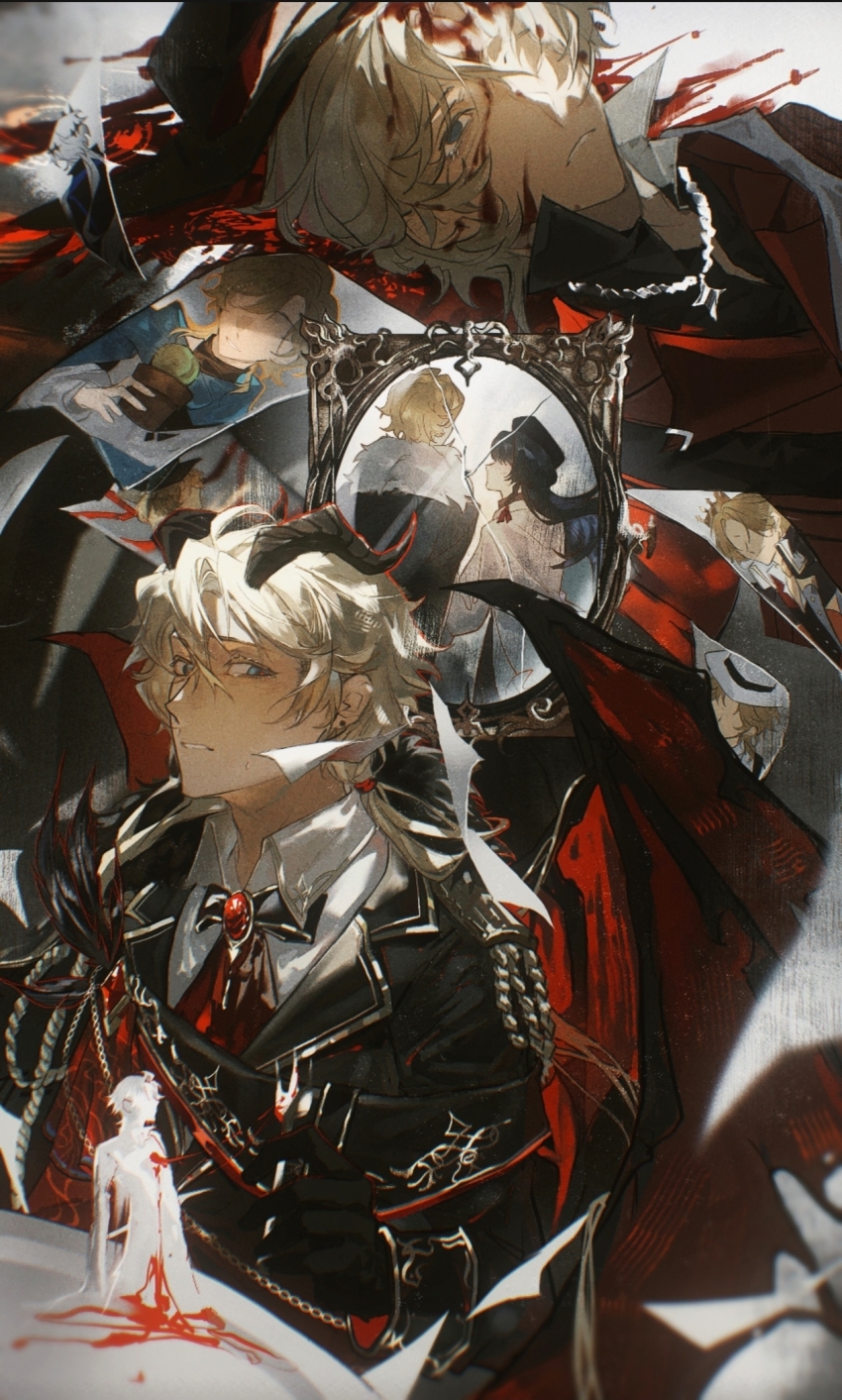 1boy, 1girl, aiguillette, aqua_eyes, ascot, black_bow, black_bowtie, black_coat, black_gloves, black_hair, black_hat, black_horns, black_jacket, black_shirt, blonde_hair, blood, blood_in_hair, blood_on_face, blood_on_fork, blood_splatter, blue_scarf, bow, bowtie, broken_mirror, brooch, cactus, cardigan, chinese_commentary, closed_mouth, coat, collared_shirt, crown, curtained_hair, demon_boy, demon_horns, demon_wings, earrings, empty_eyes, flower_pot, flying_paper, fork, fur-trimmed_coat, fur_trim, gem, glass_shards, gloves, grey_background, hair_between_eyes, hat, heroine_(lovebrush_chronicles), highres, holding, holding_flower_pot, holding_fork, horns, jacket, jewelry, lapels, lars_rorschach, lars_rorschach_(deimortem_era), lars_rorschach_(eden), lars_rorschach_(everyday_outfit), lars_rorschach_(god_forsaken_land), lars_rorschach_(godheim), lars_rorschach_(mist_city), lars_rorschach_(until_the_end_of_time), long_hair, long_sleeves, looking_at_viewer, looking_up, lovebrush_chronicles, low_ponytail, male_focus, mini_person, miniboy, mirror, multiple_persona, multiple_views, necklace, no_eyes, notched_lapels, paper, parted_bangs, parted_lips, plant, plate, ponytail, popped_collar, potted_plant, red_ascot, red_gem, red_jacket, red_wings, scarf, shirt, shiwu_ye_ying, short_hair, sideways_glance, size_difference, sleeve_cuffs, smile, stab, stud_earrings, upper_body, white_background, white_cardigan, white_hair, white_shirt, wings