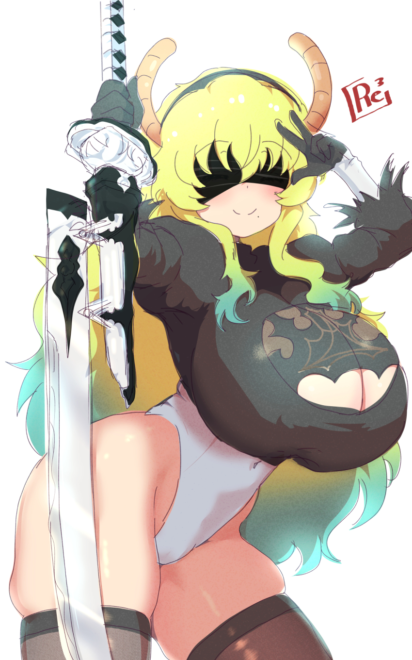 1girl, 2b_(nier:automata), 2b_(nier:automata)_(cosplay), black_shirt, black_thighhighs, blindfold, blonde_hair, blush