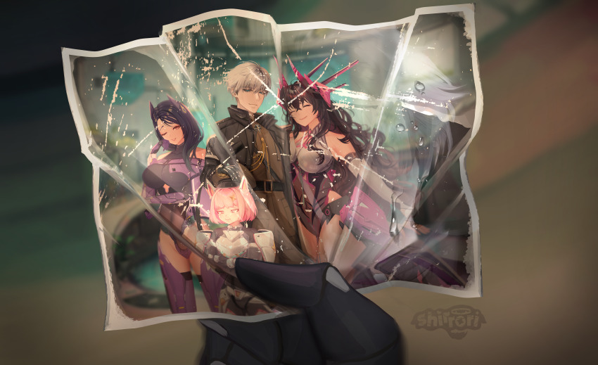 1boy, 3girls, absurdres, artist_name, black_gloves, blue_hair, brown_hair, gloves