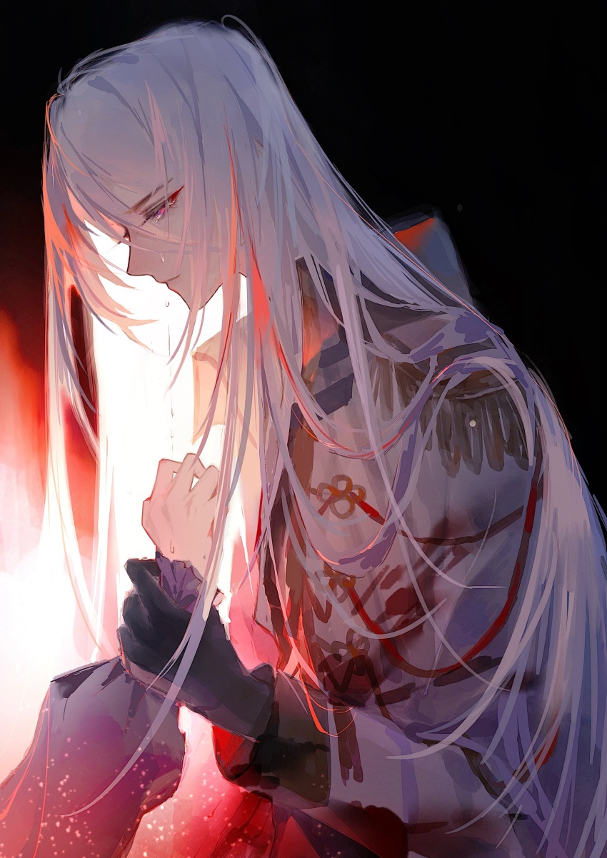 1boy, 1girl, absurdres, aiguillette, black_background, black_gloves, cael_anselm, cael_anselm_(infinite_empire)