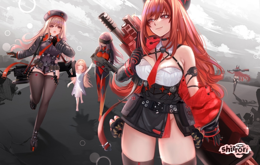 5girls, black_jacket, bodysuit, brown_hair, goddess_of_victory:_nikke, gun, hat, highres