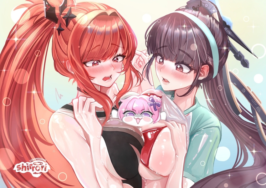 2girls, asymmetrical_docking, bikini, breast_press, breasts, brown_eyes, brown_hair, clothes_lift, cosplay, costume_switch, crossover, doro_(nikke), eve_(stellar_blade), goddess_of_victory:_nikke, high_ponytail, highres, large_breasts, multiple_girls, official_alternate_hairstyle, one-piece_swimsuit, ponytail, rapi_(nikke), rapi_(red_hood)_(nikke), rapi_(red_hood)_(red_flavor)_(nikke), red_bikini, red_eyes, red_hair, shift_up, shirrori, shirt_lift, stellar_blade, swimsuit