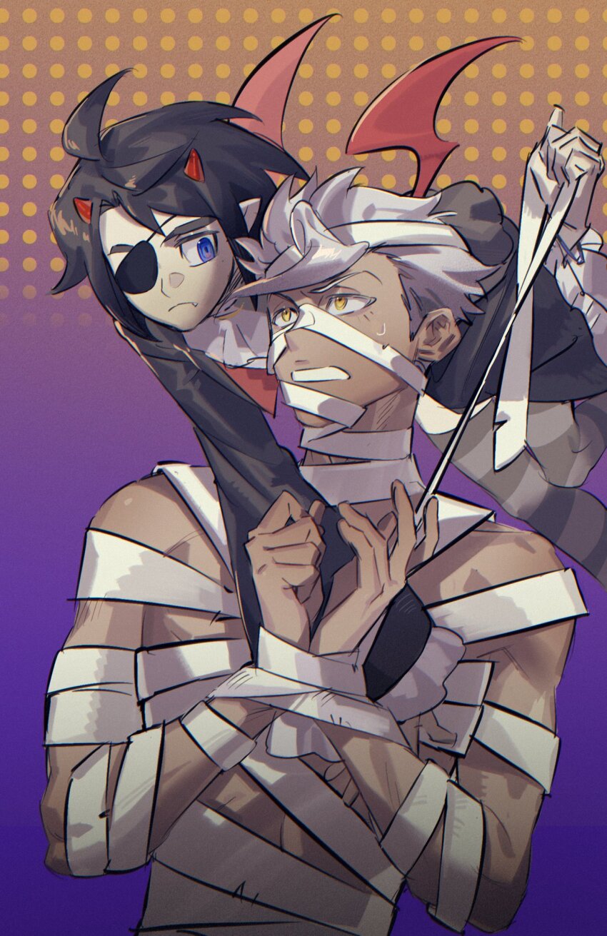 2boys, bandage_pull, black_hair, blue_eyes, commentary, demon_wings, eyepatch, frown