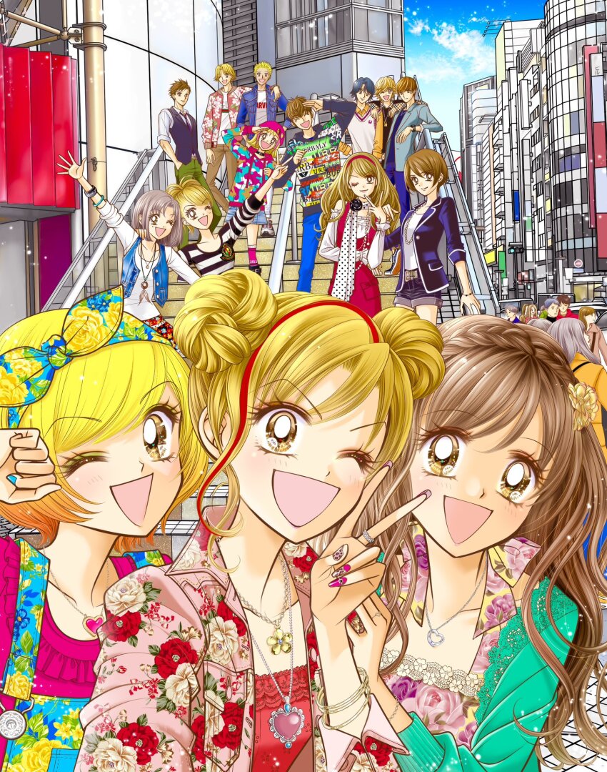 6+boys, 6+girls, ;d, asou_yuuya, belt, blonde_hair, blue_hair, blue_sky, bracelet, brown_eyes, brown_hair, building, character_request, city, closed_eyes, closed_mouth, cloud, collarbone, collared_shirt, day, fake_nails, fujii_mihona, gals!, green_pants, gyaru, hairband, heart, heart_necklace, highres, honda_mami, hoshino_aya, jewelry, kotobuki_ran, kotobuki_sayo, long_hair, long_sleeves, looking_at_viewer, multicolored_hair, multiple_boys, multiple_girls, necklace, necktie, official_art, one_eye_closed, open_clothes, open_mouth, otohata_rei, outdoors, overalls, pants, red_hair, red_hairband, red_streaks, ring, shirt, shoes, short_hair, shorts, sky, smile, streaked_hair, striped_clothes, striped_shirt, v, yamazaki_miyu