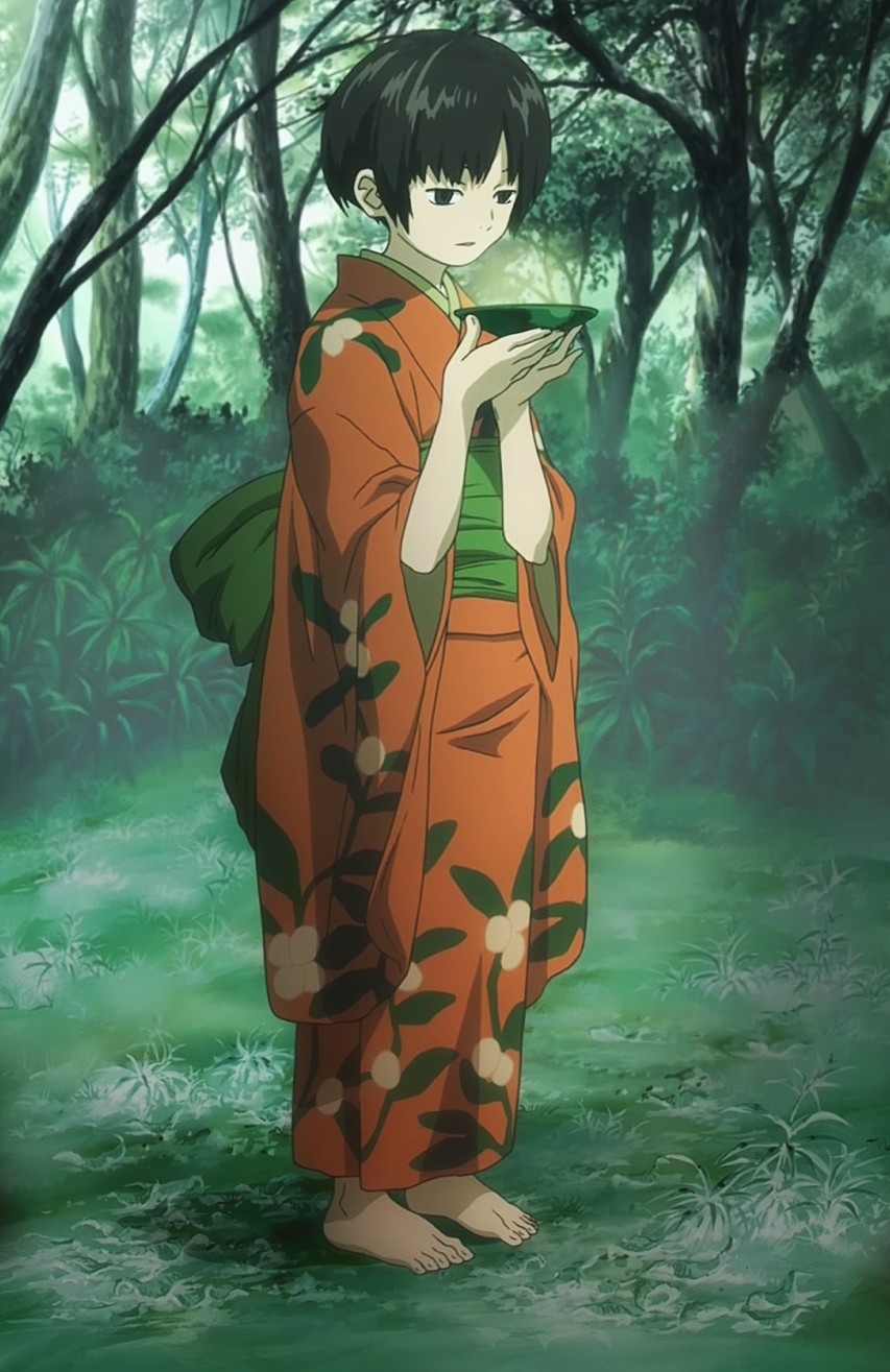 1girl, anime_screenshot, barefoot, black_hair, cup, female_focus, forest, highres