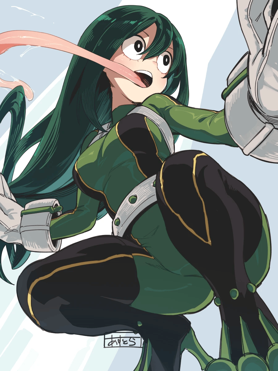 1girl, asui_tsuyu, asui_tsuyu_(hero_outfit), belt, black_bodysuit, black_eyes, bodysuit, boku_no_hero_academia, breasts, female_focus, gloves, green_bodysuit, green_hair, hair_between_eyes, hero_outfit_(mha), highres, long_hair, long_tongue, looking_to_the_side, low-tied_long_hair, medium_breasts, misa_(jjin_miryeon), multicolored_bodysuit, open_mouth, saliva, solo, split-toe_footwear, squatting, superhero_costume, teeth, tongue, two-tone_bodysuit, upper_teeth_only, white_background, white_gloves