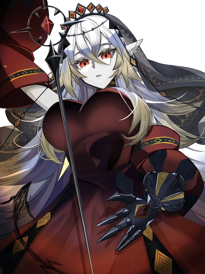 1girl, black_tiara, black_veil, blazing_cartesia_the_virtuous, breasts, commentary_request, detached_sleeves, dress, duel_monster, ecclesia_(yu-gi-oh!), gauntlets, gem, hair_between_eyes, hair_ornament, highres, large_breasts, long_hair, long_sleeves, looking_at_viewer, parted_lips, pointy_ears, red_dress, red_eyes, red_gem, sira_tise, sleeveless, sleeveless_dress, solo, sword, tiara, veil, very_long_hair, weapon, white_hair, yu-gi-oh!