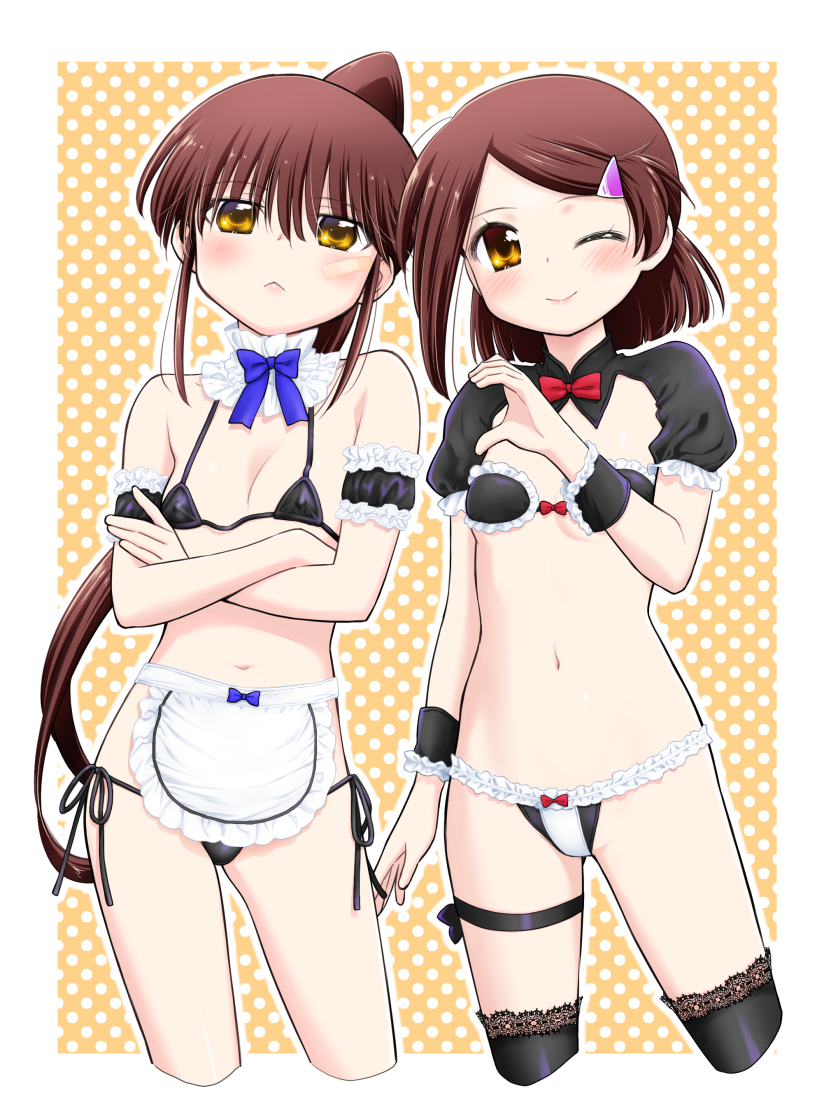 2girls, :<, apron, bikini, black_bikini, breasts, brown_eyes, brown_hair, crossed_arms, detached_collar, ditama_bow, frilled_bikini, frills, groin, hair_ornament, hairclip, heart_hands_failure, kissxsis, long_hair, looking_at_viewer, lowleg, lowleg_bikini, micro_bikini, multicolored_bikini, multiple_girls, navel, one_eye_closed, ponytail, siblings, side-tie_bikini_bottom, sisters, small_breasts, smile, stomach, suminoe_ako, suminoe_riko, swimsuit, thighs, twins, two-tone_bikini, waist_apron, white_apron