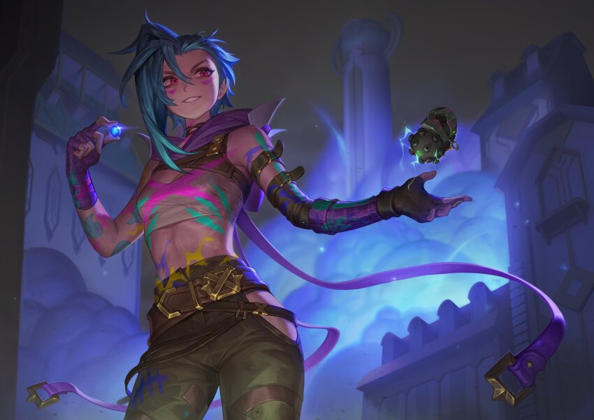 1girl, absurdres, arcane:_league_of_legends, arcane_fractured_jinx, arm_tattoo, asymmetrical_bangs, asymmetrical_gloves, bare_shoulders