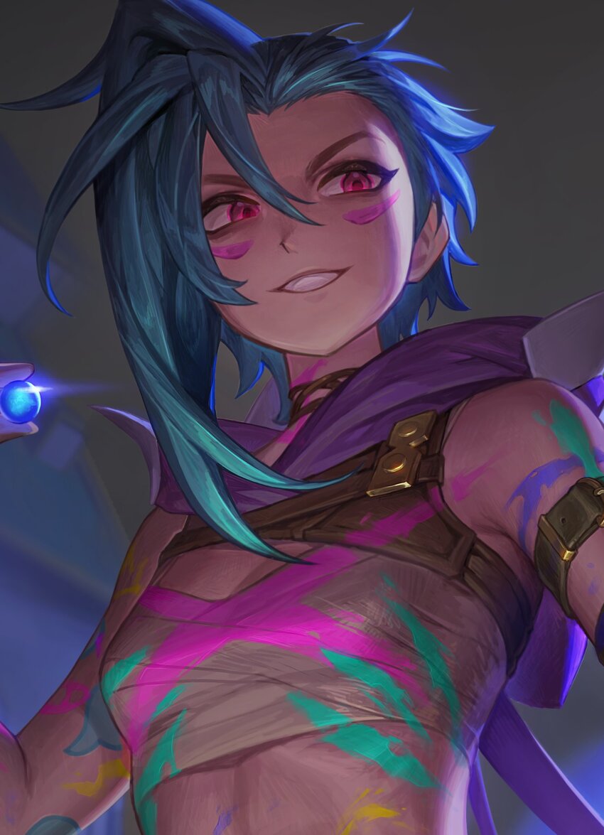 1girl, arcane:_league_of_legends, arcane_fractured_jinx, arm_tattoo, asymmetrical_bangs, bare_shoulders, blue_hair, bodypaint