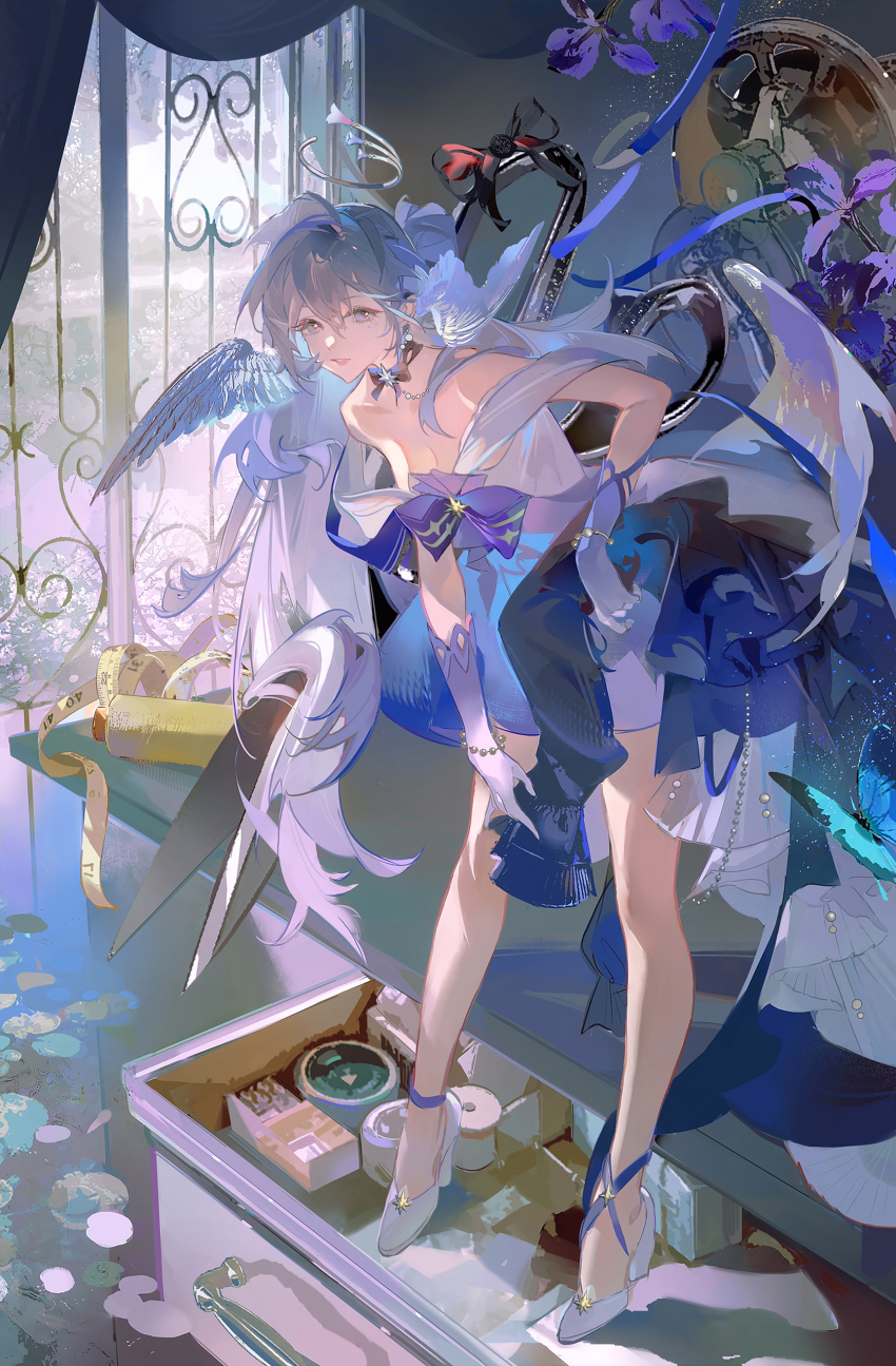 1girl, absurdres, blue_ribbon, bracelet, breasts, bug, butterfly, cleavage