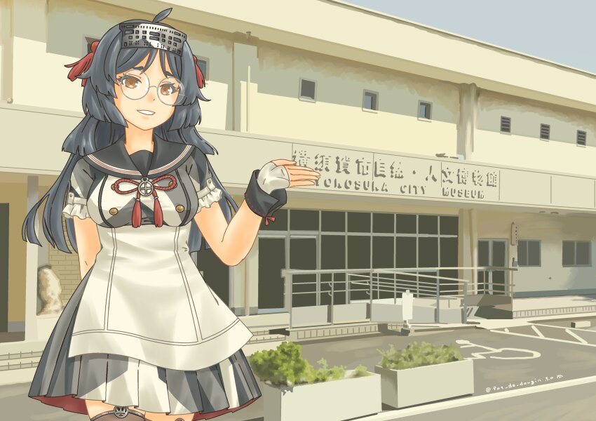 1girl, absurdres, ahoge, black_sailor_collar, blue_hair, breasts, brown_eyes, building