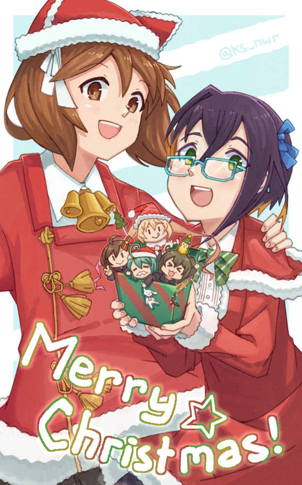 2girls, alternate_costume, animal_hat, aqua-framed_eyewear, black_hair, box, brown_eyes, brown_hair