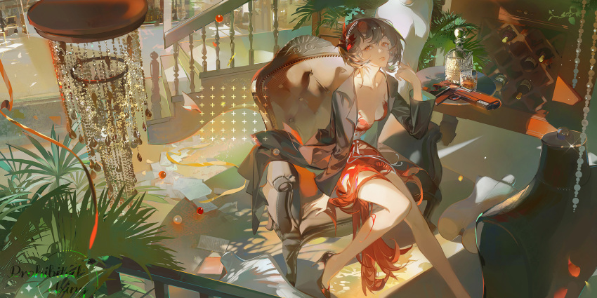 1girl, breasts, brown_hair, brown_jacket, chair, chandelier, cleavage, closed_mouth