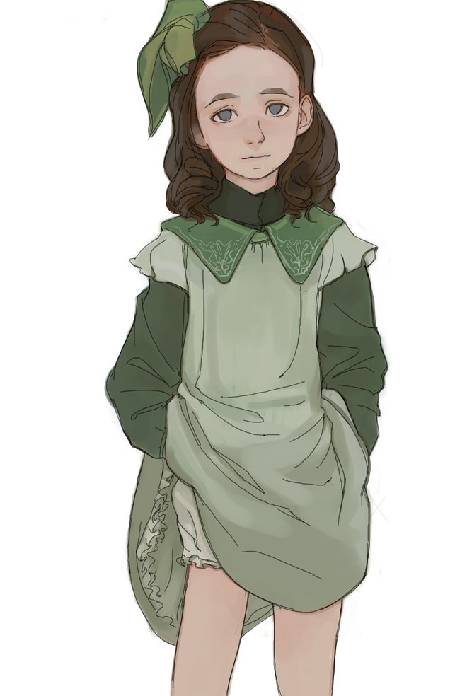 1girl, a_little_princess, blue_eyes, brown_hair, dress, feason, green_dress, green_ribbon