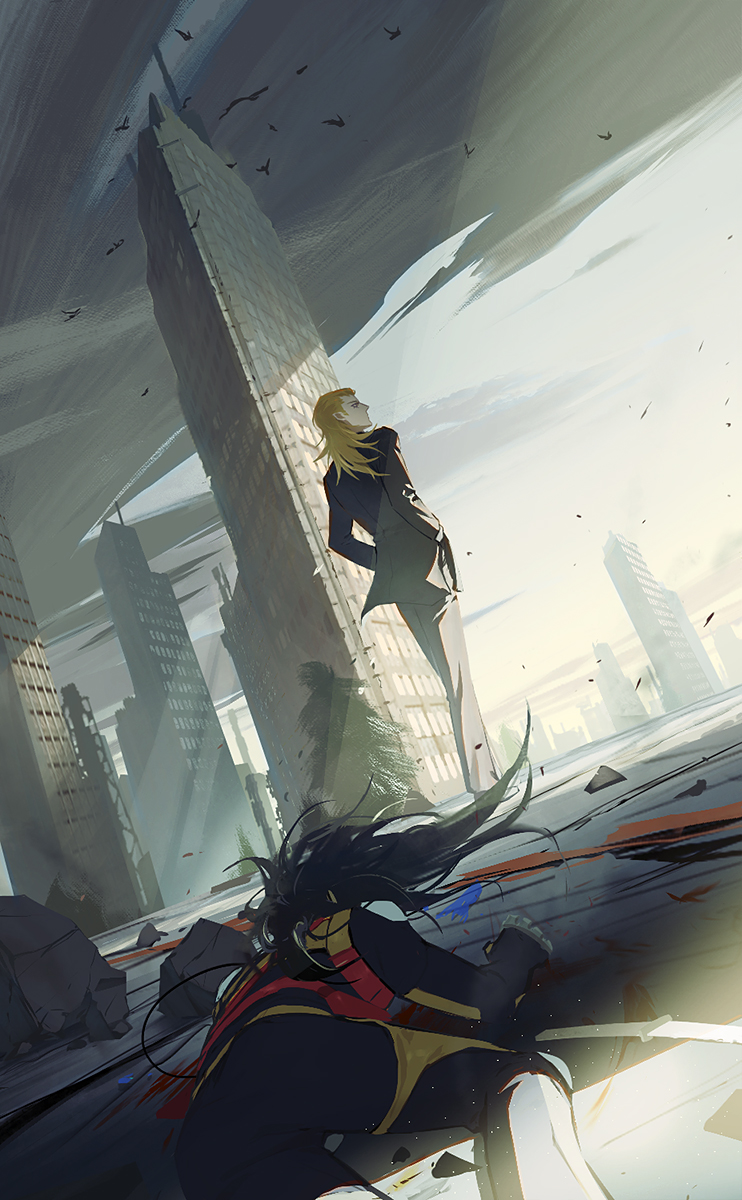 2boys, aleph_(megami_tensei), bird, black_bodysuit, black_hair, black_suit, blonde_hair, blood