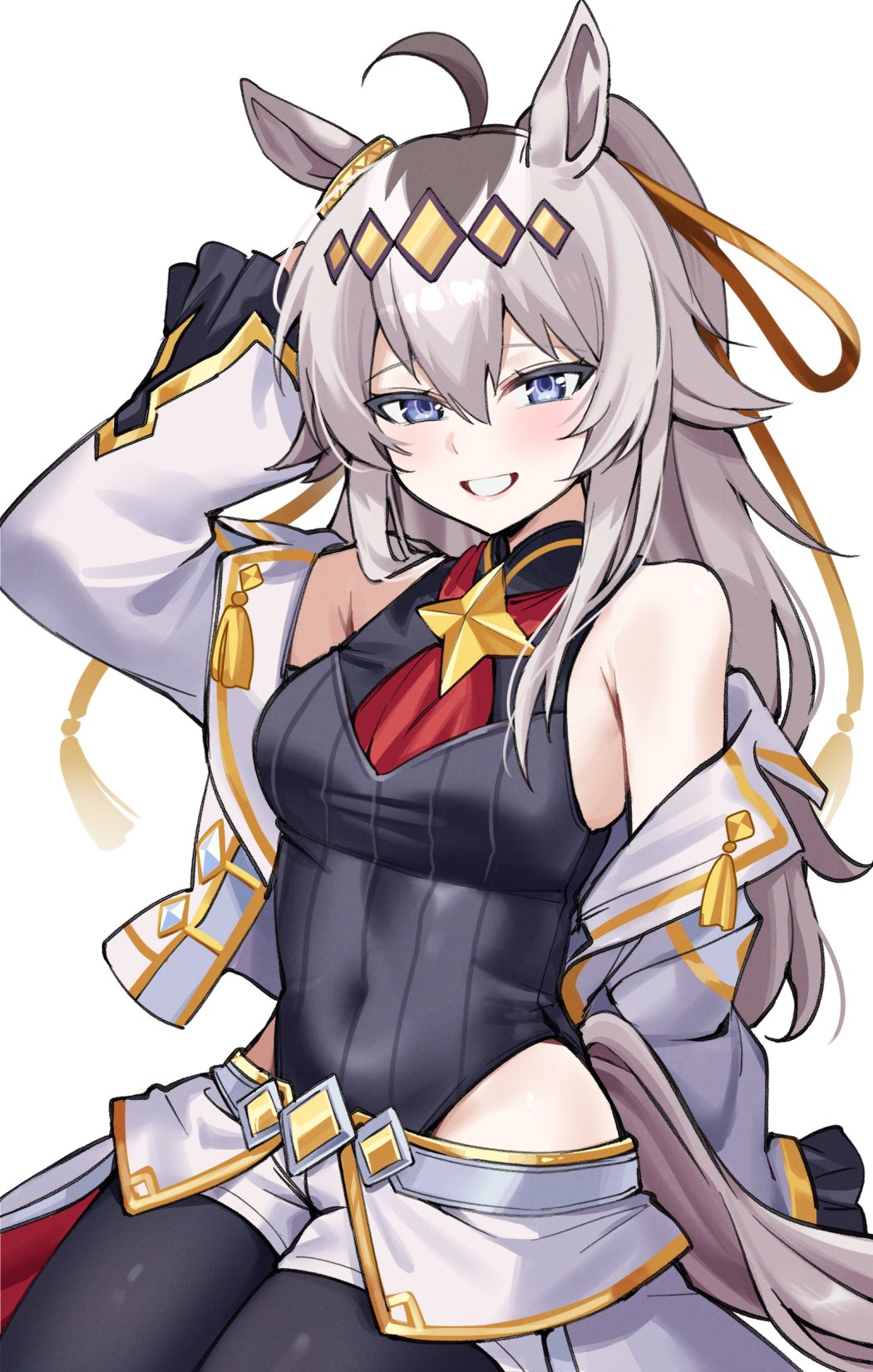 1girl, ahoge, animal_ears, bare_shoulders, blue_eyes, blush, breasts, brooch