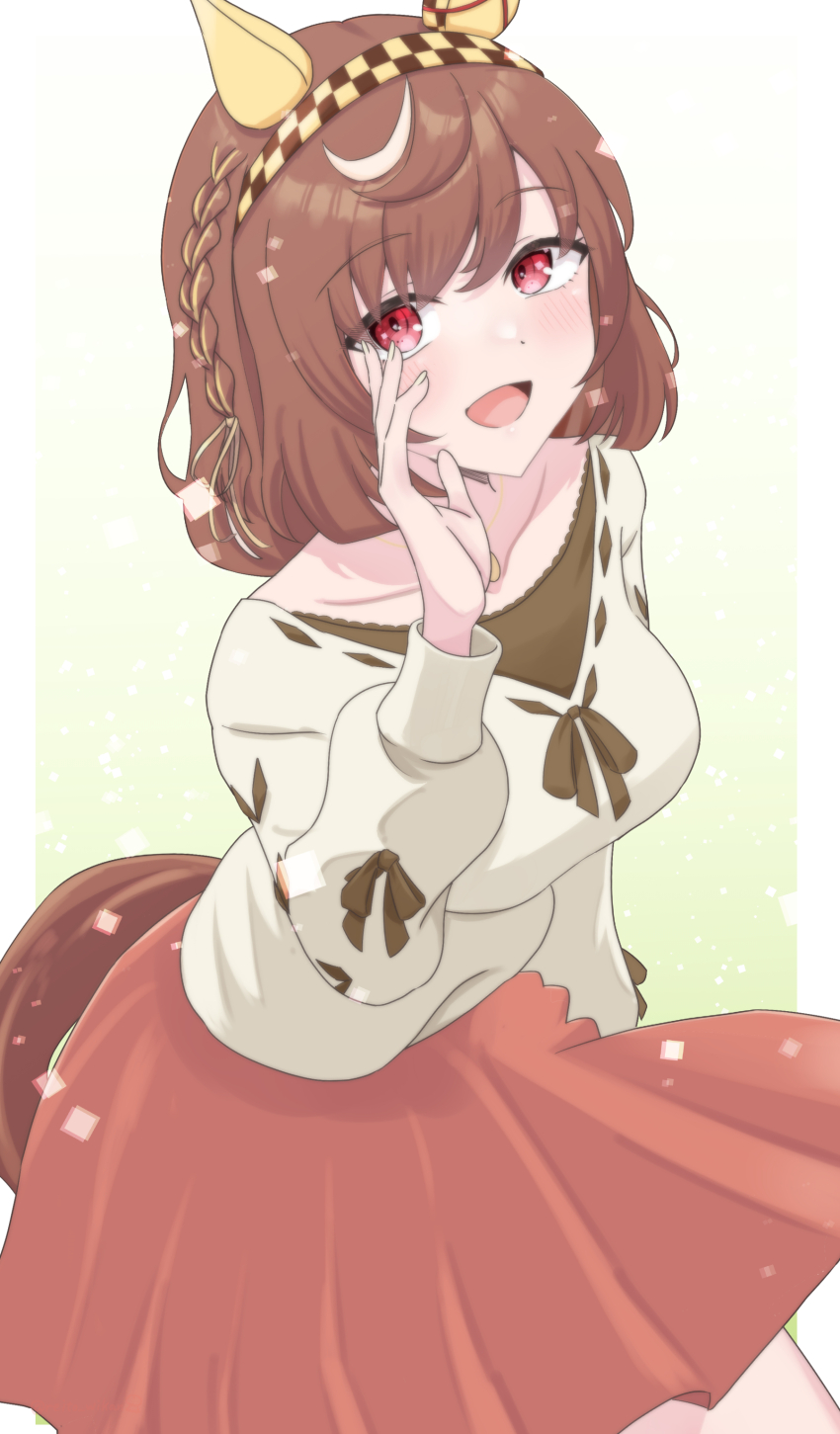 1girl, absurdres, animal_ears, blush, braid, breasts, brown_hair, buena_vista_(casual)_(umamusume)