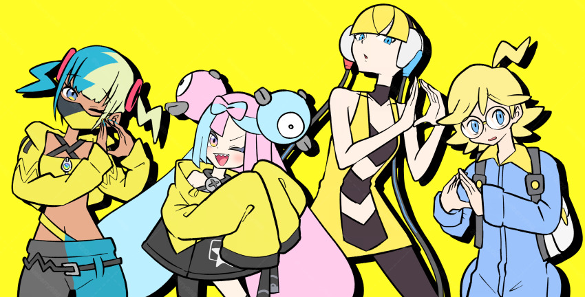 1boy, 3girls, ahoge, aqua_hair, bag, bandeau, bare_shoulders, black_choker, black_mask, blonde_hair, blue_eyes, blue_hair, blue_jumpsuit, blunt_bangs, bow-shaped_hair, breasts, canari_(pokemon), character_hair_ornament, choker, clemont_(pokemon), collarbone, collared_jumpsuit, criss-cross_halter, criss-cross_straps, dark-skinned_female, dark_skin, dress, elesa_(pokemon), fake_hair_bun, glasses, grey_pantyhose, hair_ornament, halter_shirt, halterneck, headphones, hexagon_print, highres, iono_(pokemon), jacket, jumpsuit, long_hair, long_sleeves, looking_at_viewer, mask, medium_breasts, mega_stone, mouth_mask, multicolored_hair, multiple_girls, nintendo, opaque_glasses, open_mouth, oversized_clothes, pants, pantyhose, pink_hair, pokemon, pokemon_black_and_white, pokemon_legends:_z-a, pokemon_scarlet_and_violet, pokemon_x_and_y, round_eyewear, sharp_teeth, short_dress, short_hair, short_twintails, single_leg_pantyhose, sleeveless, sleeveless_dress, sleeves_past_fingers, sleeves_past_wrists, smile, split-color_clothes, split-color_hair, suika_(blueberry998), teeth, trait_connection, twintails, two-tone_mask, two-tone_pants, white_bag, x_(symbol), yellow_background, yellow_bandeau, yellow_jacket, yellow_mask