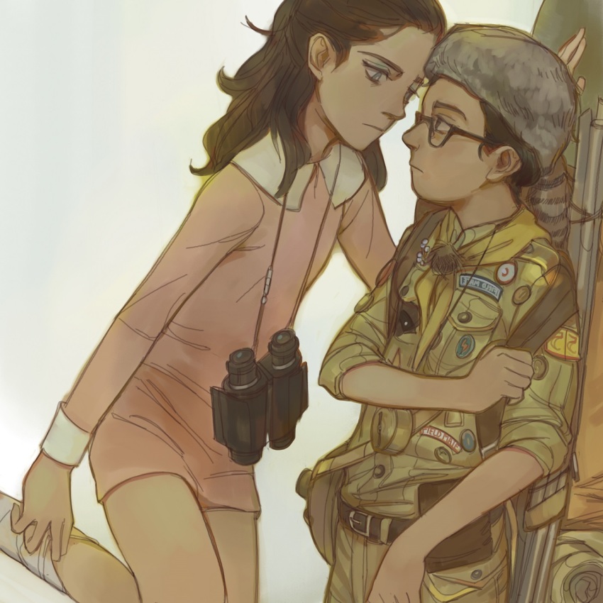 1boy, 1girl, binoculars, blue_eyes, brown_hair, dress, duplicate, feason, feet_out_of_frame, from_side, glasses, gun, highres, holding, holding_gun, holding_weapon, looking_at_another, moonrise_kingdom, pink_dress, pixel-perfect_duplicate, raccoon_hat, scout_movement, scout_uniform, simple_background, suzy, weapon