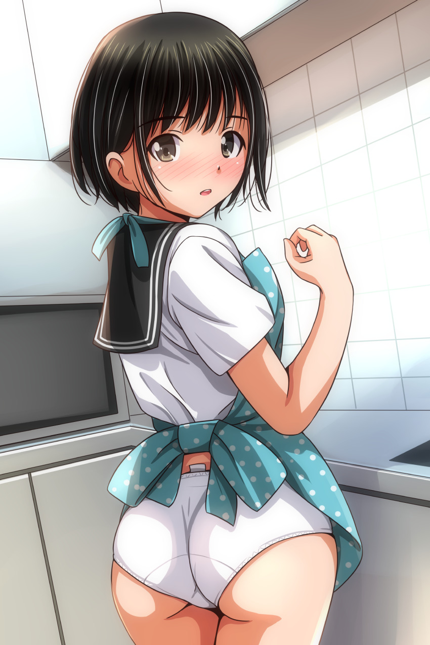 1girl, :o, absurdres, apron, aqua_apron, ass, black_hair, black_skirt, blue_apron, blush, brown_eyes, clothing_tag, commentary_request, counter, from_behind, highres, indoors, kitchen, looking_at_viewer, looking_back, matsunaga_kouyou, microwave, open_mouth, original, panties, polka_dot, polka_dot_apron, sailor_collar, school_uniform, shirt, short_hair, short_sleeves, sidelocks, skirt, solo, standing, teeth, underwear, upper_teeth_only, white_panties, white_shirt, yellow_eyes