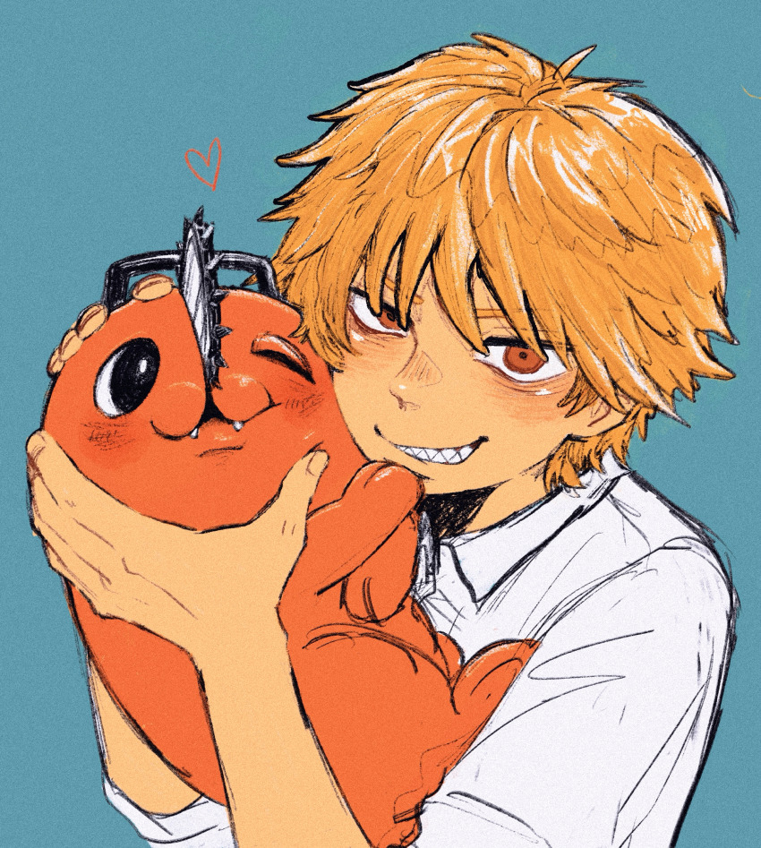 1boy, :3, animal_hands, blonde_hair, blue_background, chainsaw, chainsaw_man, cheek-to-cheek, cheek_press, collared_shirt, creature, denji_(chainsaw_man), fangs, handle, heads_together, heart, highres, holding, holding_creature, kino_isobe, looking_at_another, looking_at_viewer, male_focus, one_eye_closed, pet, pochita_(chainsaw_man), red_eyes, sharp_teeth, shirt, sleeves_rolled_up, smile, teeth, white_shirt