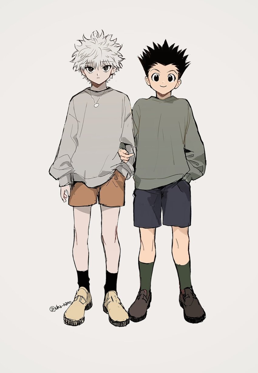 2boys, black_hair, black_socks, blue_eyes, blue_shorts, brown_eyes, commentary_request, full_body