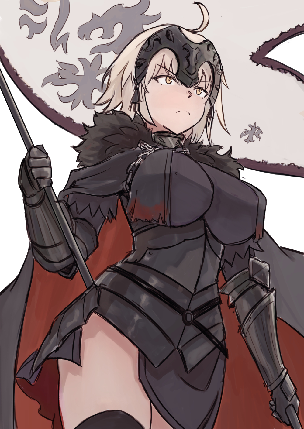 1girl, ahoge, armor, armored_dress, breasts, commentary, dress, fate/grand_order